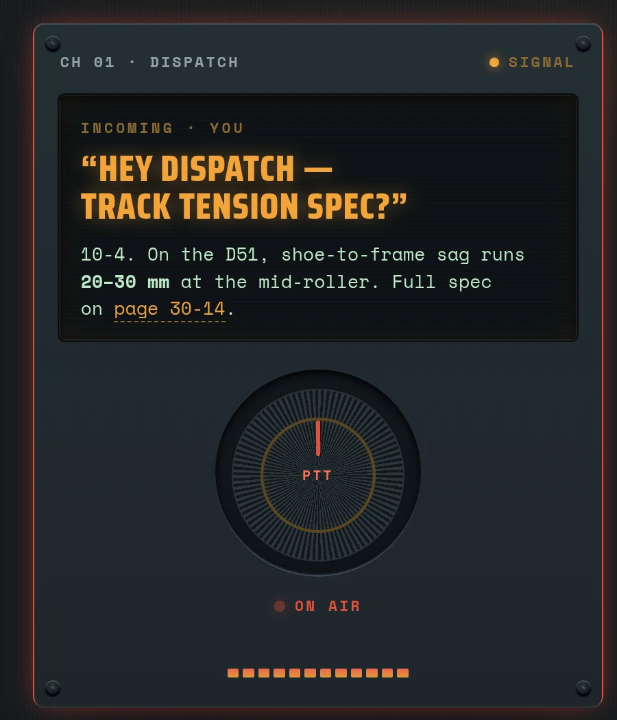 Dozer Dispatch shop-manual voice assistant console answering a track-tension spec question and citing the manual page